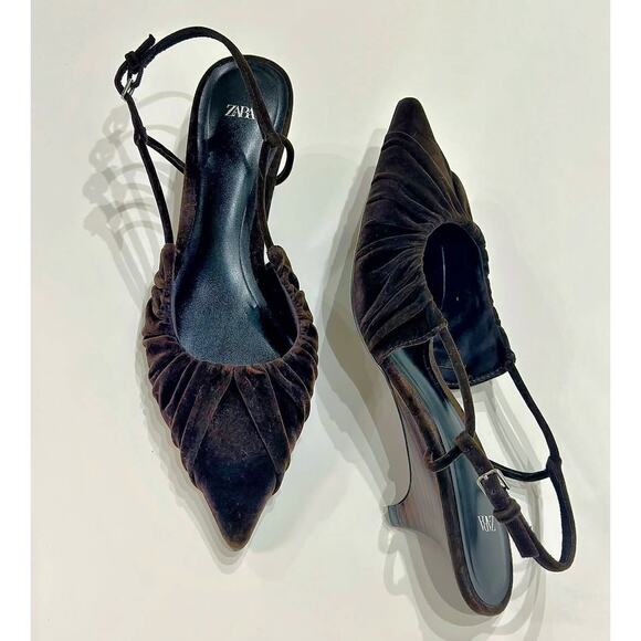 ZARA Velvet Slingback Kitten Heels NWT – Brown Ruched Pointed Toe, Size 7.5 - Picture 7 of 16